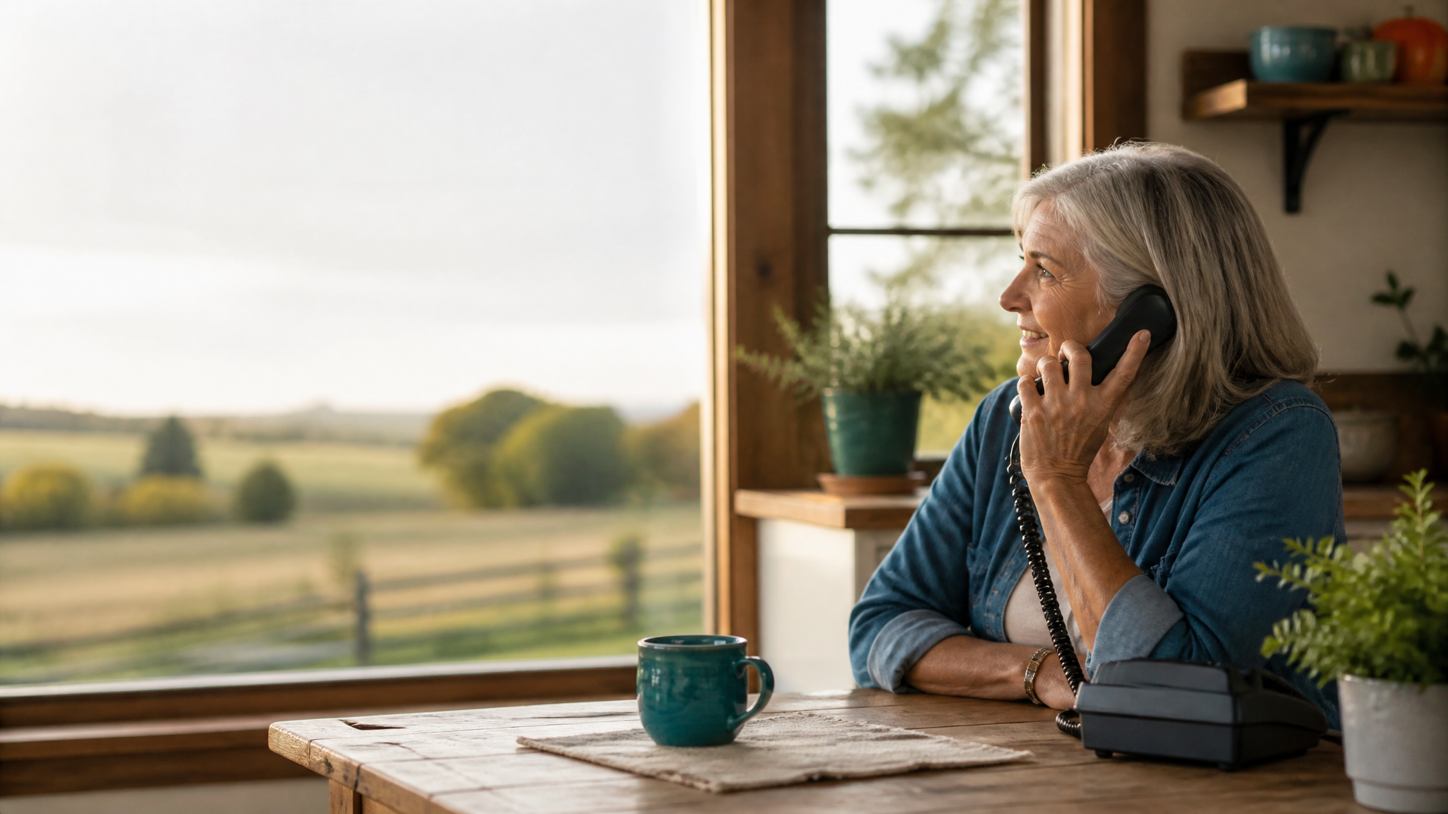 A woman on the phone at her kitchen table looking out over farmland